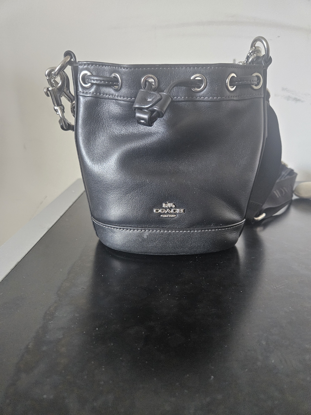 Coach Black Leather Drawstring Bucket Crossbody